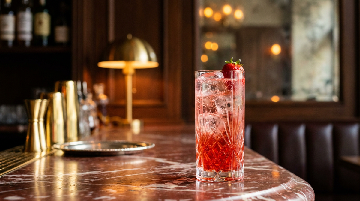Diabolo fraise dans un grand verre, bulles fines et fraise sur le bord, guéridon de marbre rouge