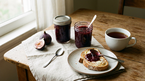 Bocaux de confiture de figues maison, morceaux de figues cuites, tartine beurrée, figues fraîches, table de bois, tasse de thé