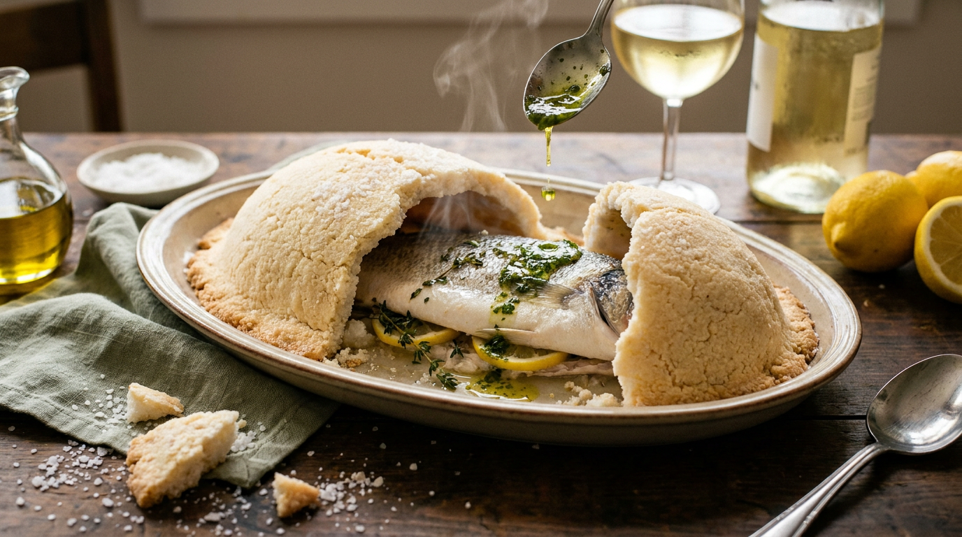 Bar en croûte de sel ouverte, chair nacrée et fumante, citron et thym dans le coffre, huile d'herbes versée à la cuillère