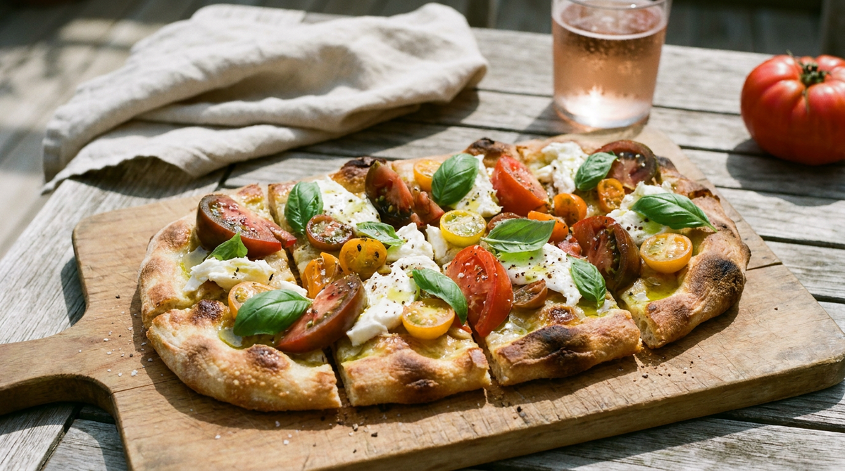 Pinsa caprese ovale sur une planche en bois, base dorée et cloquée, tomates crues en quartiers, mozzarella déchirée, basilic frais, huile d'olive, fleur de sel, terrasse d'été, lumière de midi