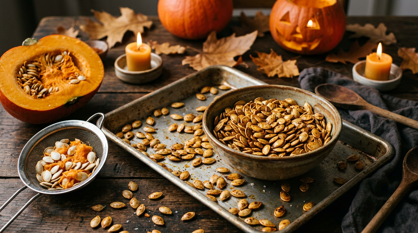Graines de courge grillées dorées dans un bol en grès et sur une plaque de four, avec une passoire de graines crues et une demi-courge ouverte, dans une ambiance d'Halloween avec bougies et lanterne
