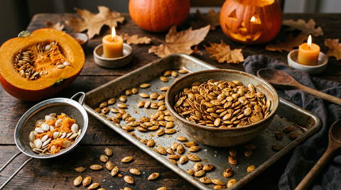 Graines de courge grillées dorées dans un bol en grès et sur une plaque de four, avec une passoire de graines crues et une demi-courge ouverte, dans une ambiance d'Halloween avec bougies et lanterne
