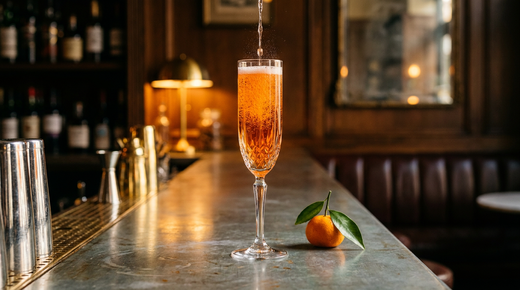 Flûte en cristal d'un cocktail pétillant orange lumineux, mandarine avec ses feuilles posée à côté, sur un comptoir de zinc patiné dans un bar chic