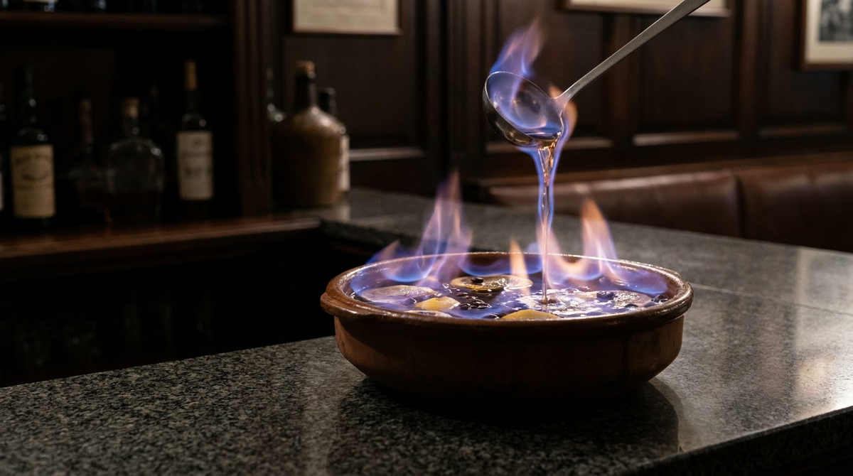 Queimada en train de flamber dans un bol de terre cuite, flammes bleues et louche versant un filet enflammé, comptoir de granit gris
