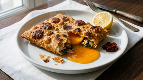 Brick à l'œuf tunisienne dorée et cloquée, jaune d'œuf coulant sur l'assiette, thon et persil visibles, harissa et citron