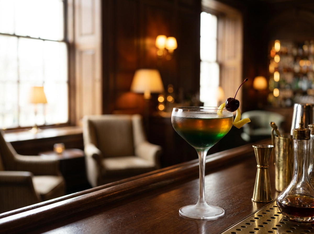 Cocktail Bijou aux tons verts et ambrés dans une coupe avec cerise, ambiance de bar raffiné
