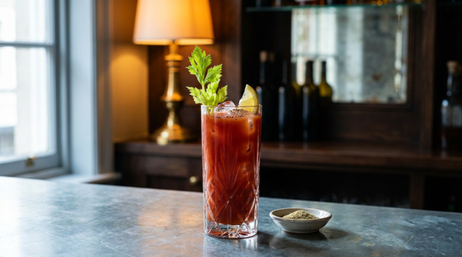 Virgin Mary en verre haut, branche de céleri et poivre, sur un comptoir de zinc