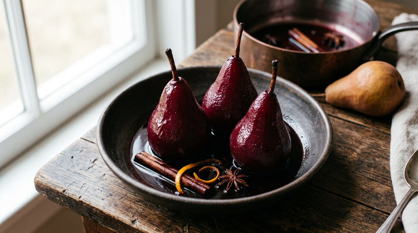 Trois poires pochées au vin rouge grenat et brillantes, debout dans une assiette creuse en grès sombre avec leur sirop, cannelle, badiane et zeste d'orange