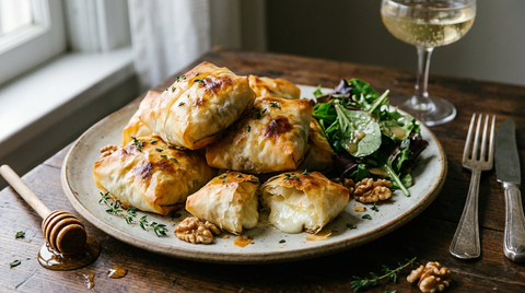 Croustillants de chèvre au miel à l'air fryer, un ouvert sur le fromage fondu, noix et salade