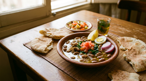 Bol de ful medames, fèves brunes écrasées à moitié, huile d'olive, citron, œuf dur et pain pita