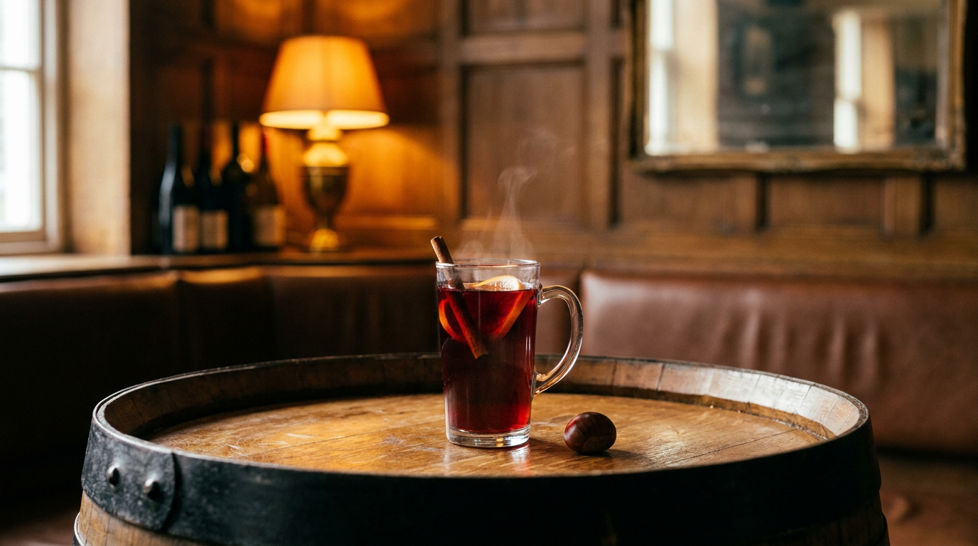 Mug en verre de vin chaud rouge fumant, bâton de cannelle et rondelle d'orange dedans, châtaigne posée à côté, sur une tête de tonneau de chêne