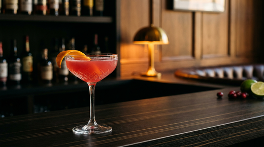 Rude Cosmopolitan rose cranberry dans une coupe, long zeste d'orange en spirale sur le bord, comptoir de wengé massif