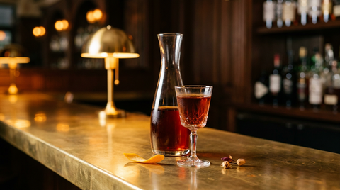 Carafe de vermouth maison rouge ambré et petit verre à pied du même vin aromatisé, zeste d'orange et plantes sèches posés à côté, sur un comptoir de laiton patiné