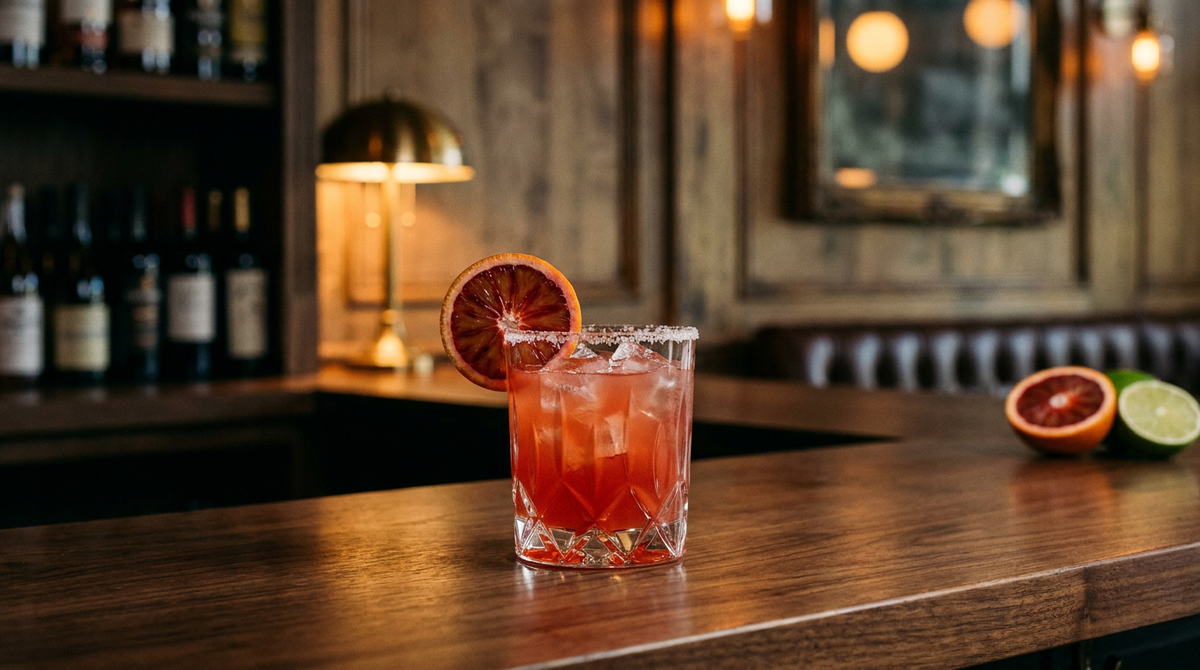 Margarita à l'orange sanguine rouge corail sur glace dans un verre bas au bord salé, demi-rondelle d'orange sanguine, comptoir de noyer de Grenoble