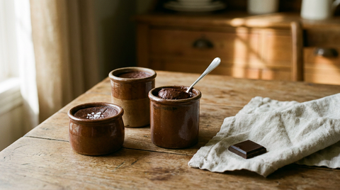 Trois pots de crème au chocolat en grès brun, cuillère d'argent, fleur de sel, table de bois et lin écru
