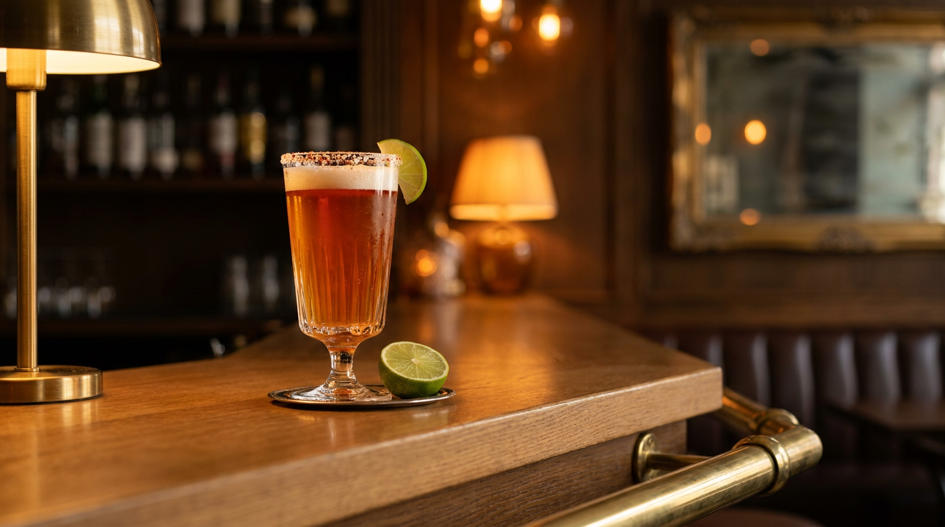 Verre à bière à pied au bord givré de sel et de piment, bière blonde légèrement rougie et quartier de citron vert, sur un comptoir de chêne massif à repose-pieds laiton