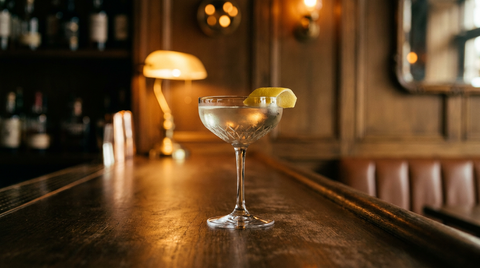 Smoky Martini limpide dans une coupe de cristal givrée, large zeste de citron, comptoir de chêne fumé