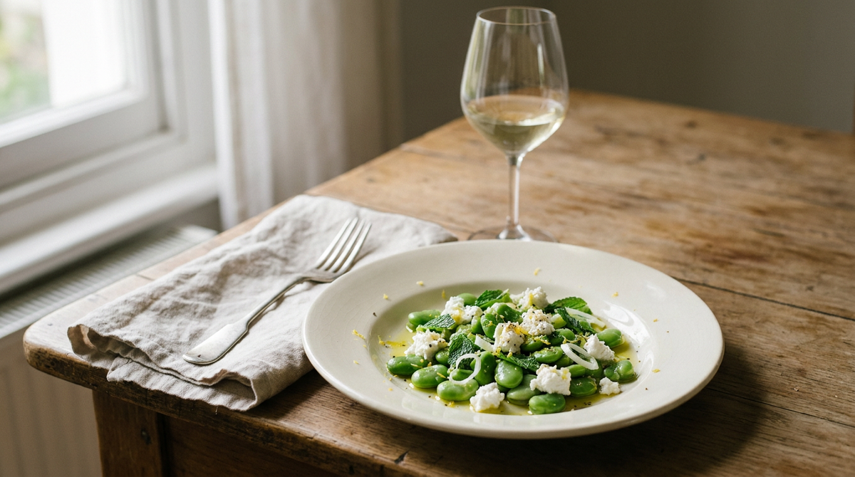 Salade de fèves vertes pelées au chèvre frais émietté, menthe et huile d'olive, assiette ivoire, table de bois, verre de vin blanc