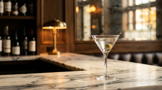 Dry martini sans alcool dans un verre à pied, olive verte, marbre blanc à veines grises