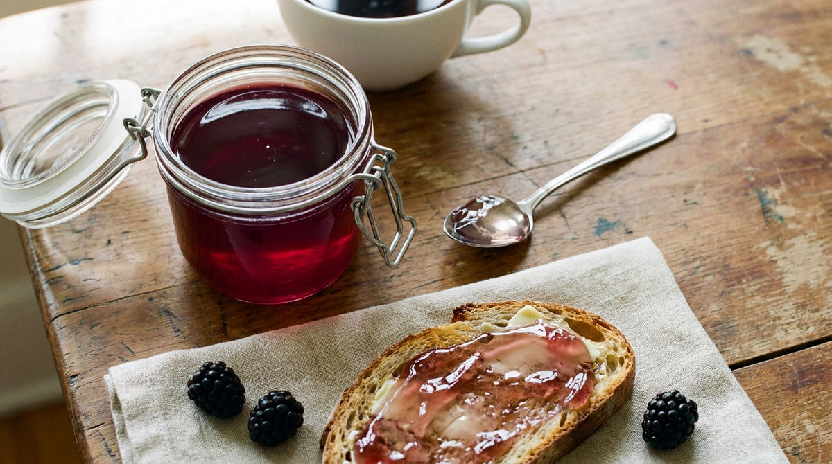 Bocal de gelée de mûres translucide, rouge grenat, cuillère à plat, tartine de pain de campagne beurrée nappée de gelée, quelques mûres fraîches, tasse de thé noir, table en bois