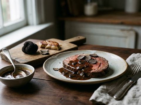 Sauce périgourdine à la truffe nappant une tranche de rôti de bœuf, lamelles de truffe noire et tranche de foie gras sur une table en chêne