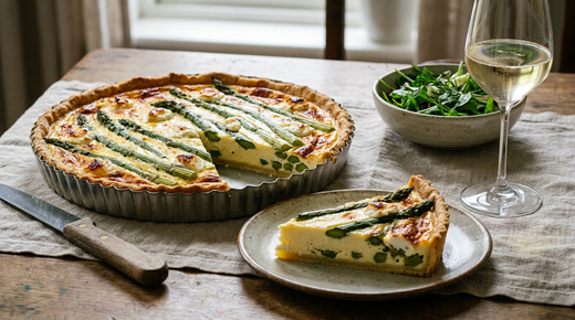 Quiche aux asperges vertes et chèvre frais dans un moule cannelé, bord doré, part coupée montrant l'appareil crémeux, couteau à plat, bol de salade, verre de crémant pâle sur une table en bois et un chemin de lin
