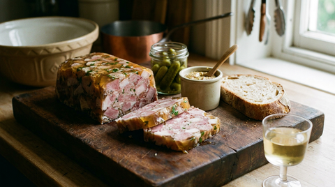 Tranche de fromage de tête maison, viande de porc et persil pris dans une gelée ambrée, cornichons et pain de campagne