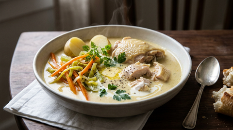 Waterzooi de poulet, bouillon crémeux ivoire, julienne de carotte et poireau, cerfeuil