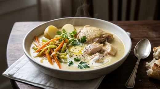 Waterzooi de poulet, bouillon crémeux ivoire, julienne de carotte et poireau, cerfeuil