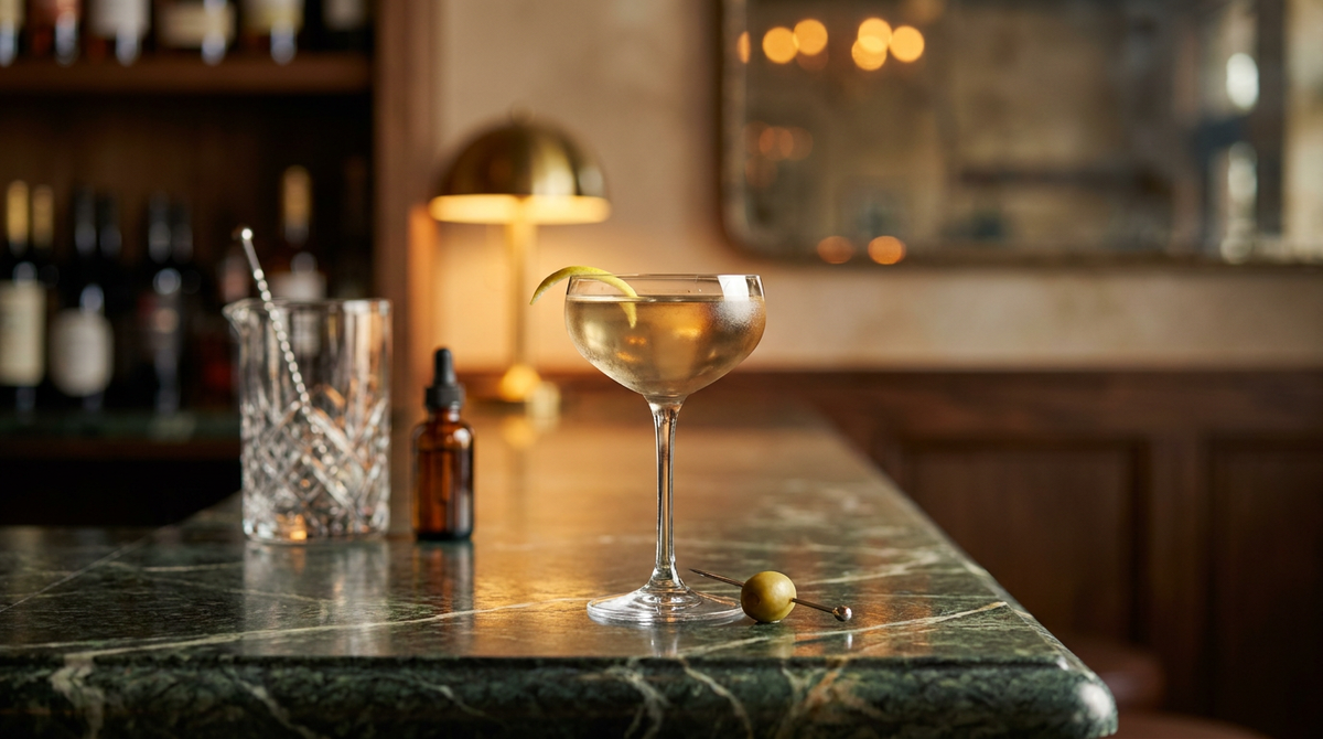 Turf Club ambre pâle limpide dans un verre à cocktail, zeste de citron et olive verte, comptoir de marbre Vert d'Estours