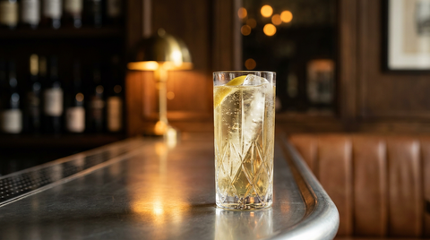 Whisky soda ambré clair dans un grand verre étroit rempli de glace, zeste de citron, plan de bar en inox