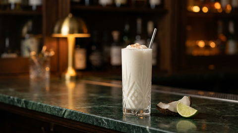 Batida de coco en verre haut, texture crémeuse et muscade, sur un comptoir de marbre vert