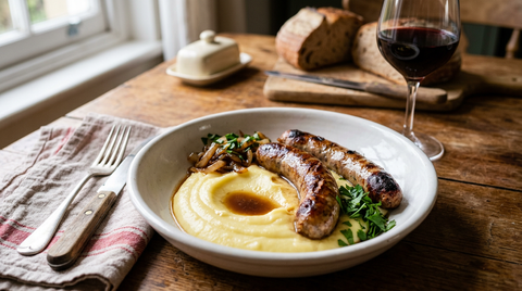 Deux saucisses de Toulouse grillées posées sur une purée de pommes de terre dans une assiette creuse blanche
