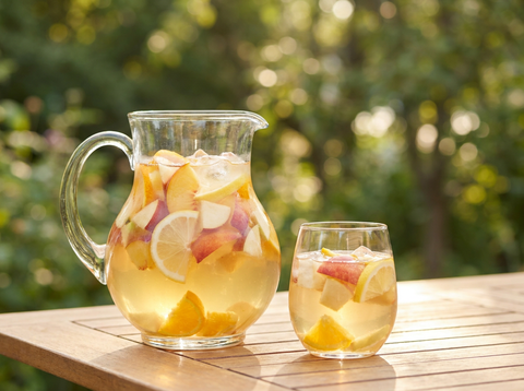 Sangria blanche : pichet de vin blanc sec avec pêche, pomme et agrumes