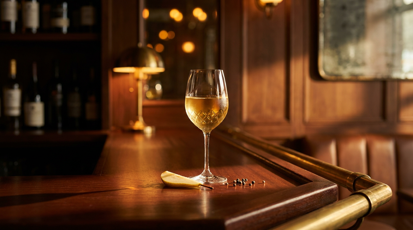 Verre à vin de liquoreux doré, lamelle de poire et quelques grains de poivre concassés posés à côté, sur un comptoir d'acajou ciré à barre de laiton