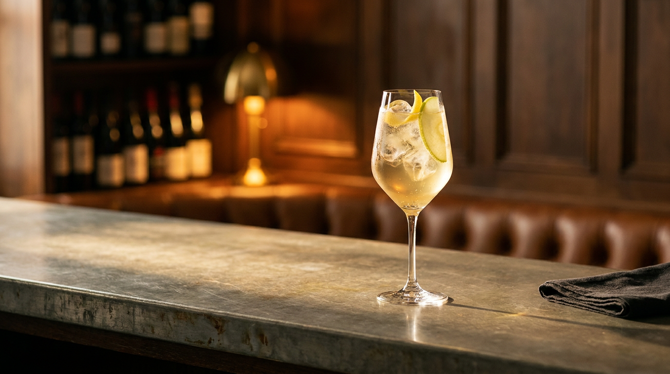 Grand verre à vin rempli de glace et d'un spritz au cidre doré pétillant, lamelle de pomme verte et zeste de citron, sur un comptoir de zinc patiné
