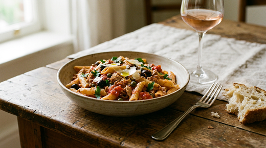 Penne au thon dans un bol creux, sauce tomate rapide au thon à l'huile d'olive, olives noires, câpres, ail et persil, filet d'huile d'olive et copeaux de parmesan, fourchette à plat, morceau de pain, verre de rosé pâle sur une table en bois