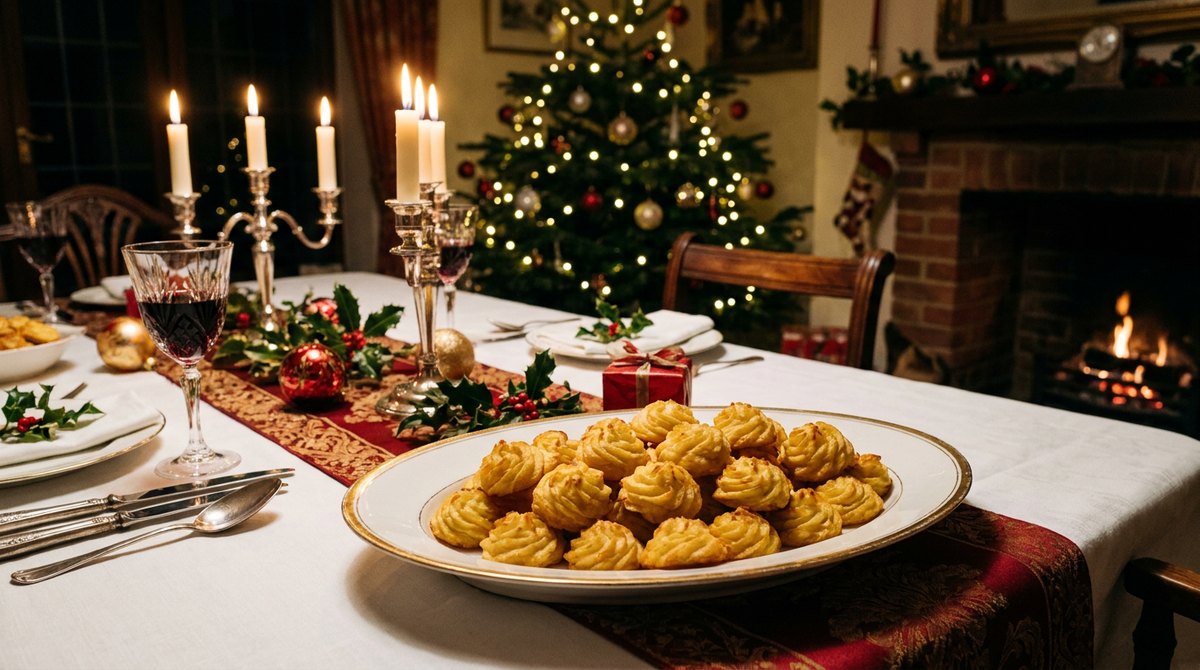 Plat de porcelaine à filet or de pommes duchesse dorées sur une table de réveillon : nappe blanche, chemin de table rouge et or, bougies allumées, houx, boules de Noël, sapin illuminé et cheminée en arrière-plan