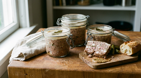 Trois bocaux à joint de terrine de campagne stérilisée, texture grossière, feuille de laurier et couche de gras figé, une tranche coupée sur une planche avec cornichons, baguette et moutarde, plan de travail en chêne