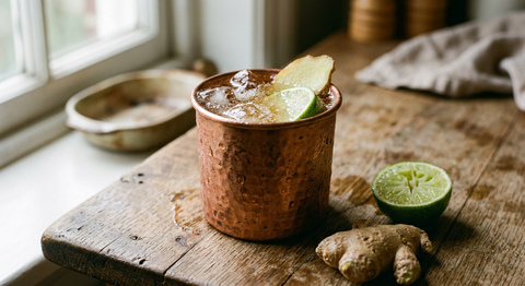 Timbale en cuivre martelé couverte de buée, remplie de glaçons et d'une boisson dorée pétillante, quartier de citron vert et tranche de gingembre frais, gingembre et demi-citron vert sur une table en bois
