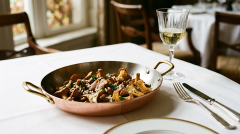 Poêlée de girolles dorées de tailles inégales dans un plat en cuivre poli, avec échalote et persil, sur une nappe blanche repassée avec argenterie et verre de vin blanc