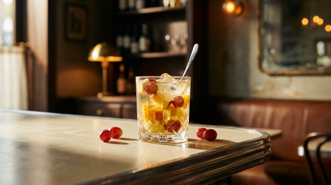 Clerico sans alcool aux gros morceaux de fruits frais et cuillerère, sur un comptoir de bistrot crème