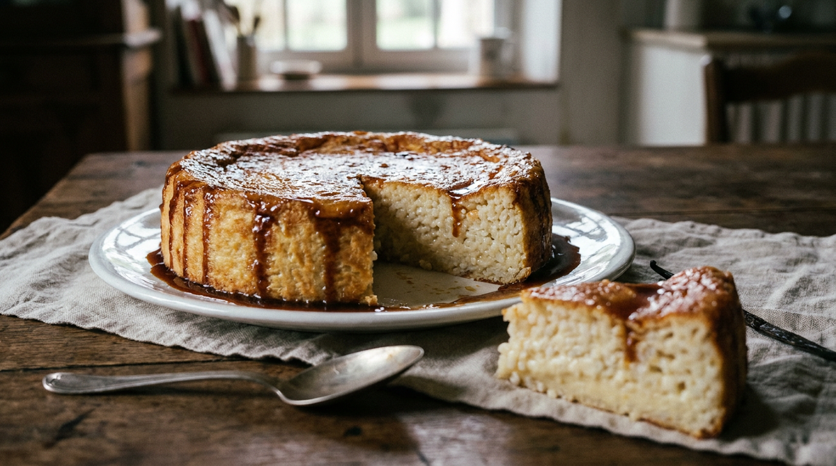 Gâteau de riz démoulé sur un plat rond, caramel ambré coulant sur les bords et dans l'assiette, une part coupée montrant les grains de riz pris dans la crème vanillée, cuillère, table de famille en bois