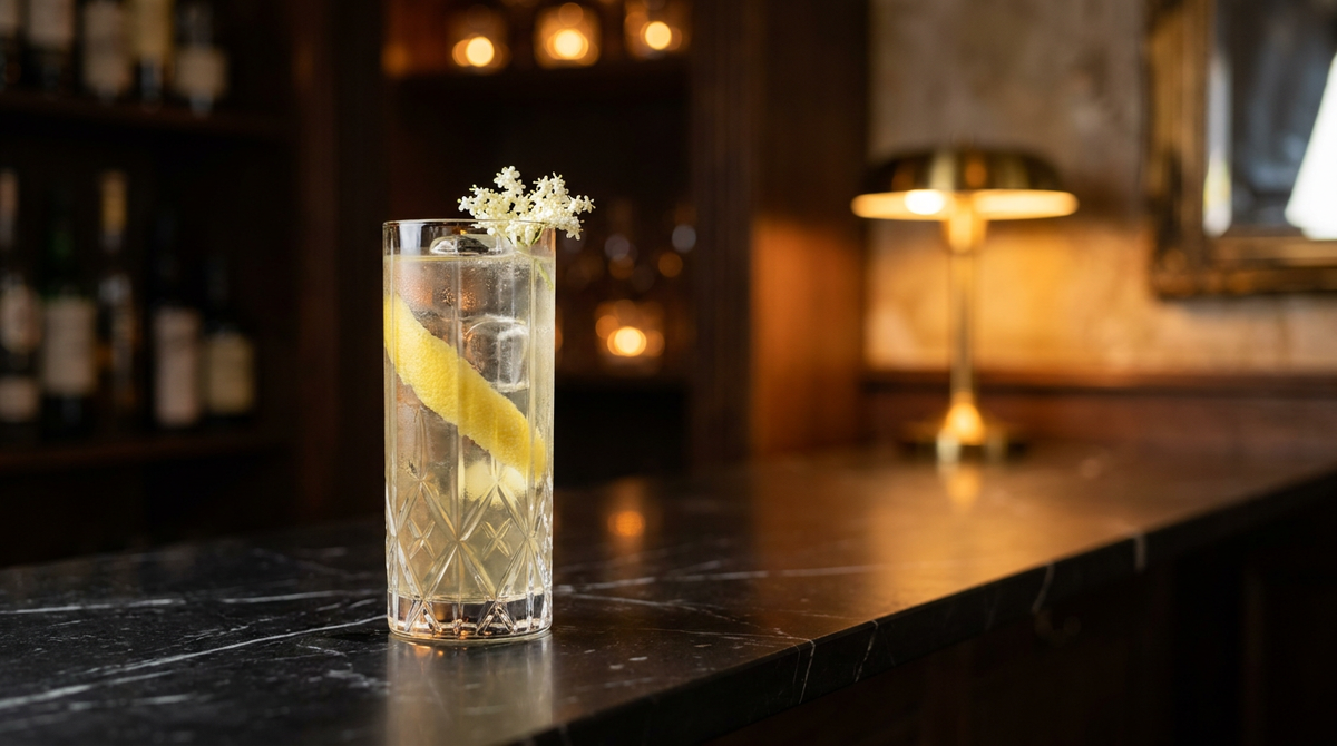 Elderflower Collins pâle et pétillant dans un verre étroit, zeste de citron et fleur de sureau, comptoir de marbre noir Marquina