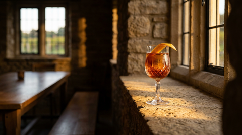 Cocktail au vin doux naturel en verre tulipe, zeste d'orange, sur l'appui de pierre d'une salle de dégustation de domaine à fenêtre à meneaux