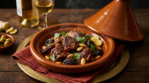 Tajine d'agneau aux pruneaux et amandes dans un plat en terre cuite, couvercle conique posé à côté, sauce brillante et sirupeuse