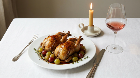 Deux cailles farcies rôties aux raisins sur assiette blanche, nappe de fête, verre de vin