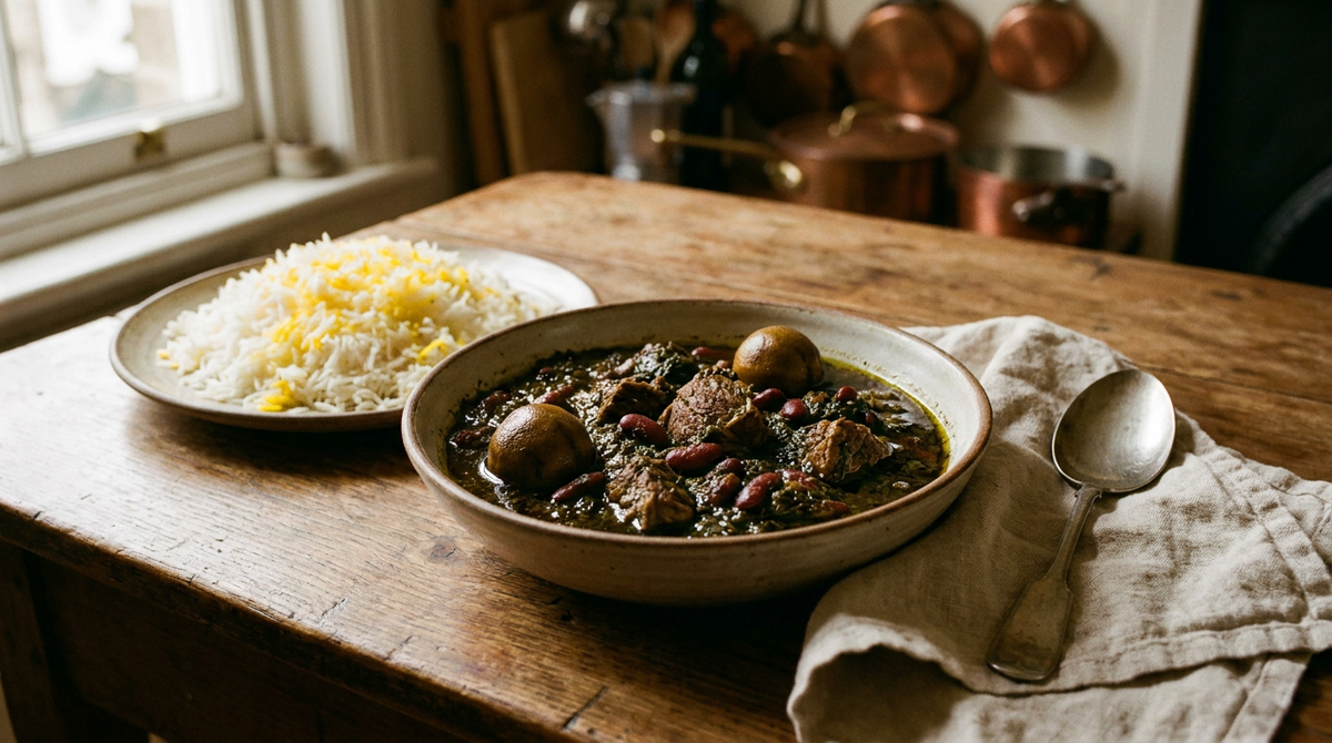 Bol de ghormeh sabzi vert sombre avec agneau, haricots rouges et citrons séchés, riz au safran