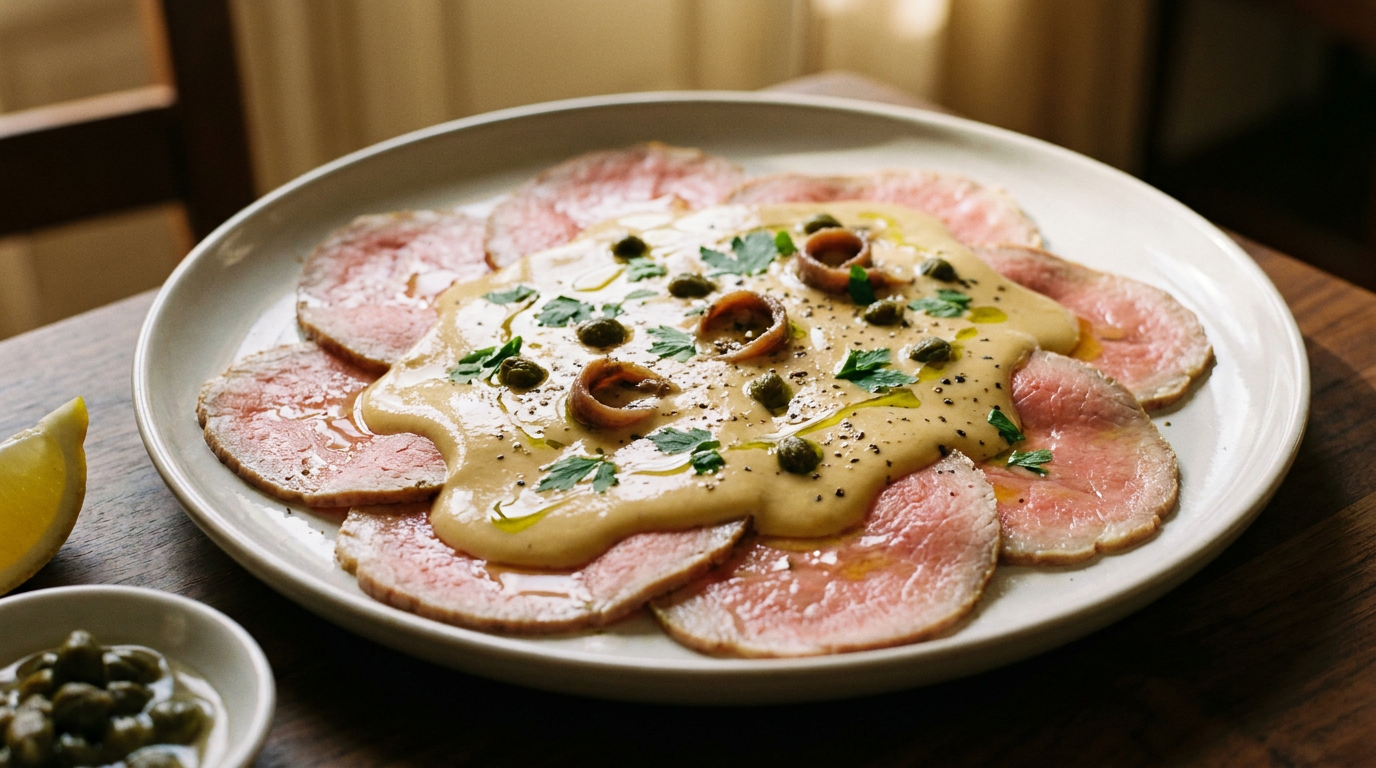 Vitello tonnato, fines tranches de veau rosé nappées d'une sauce ivoire au thon, câpres et anchois