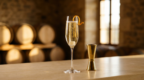 Cocktail champagne et liqueur d'orange en flûte, zeste d'orange, comptoir de pierre